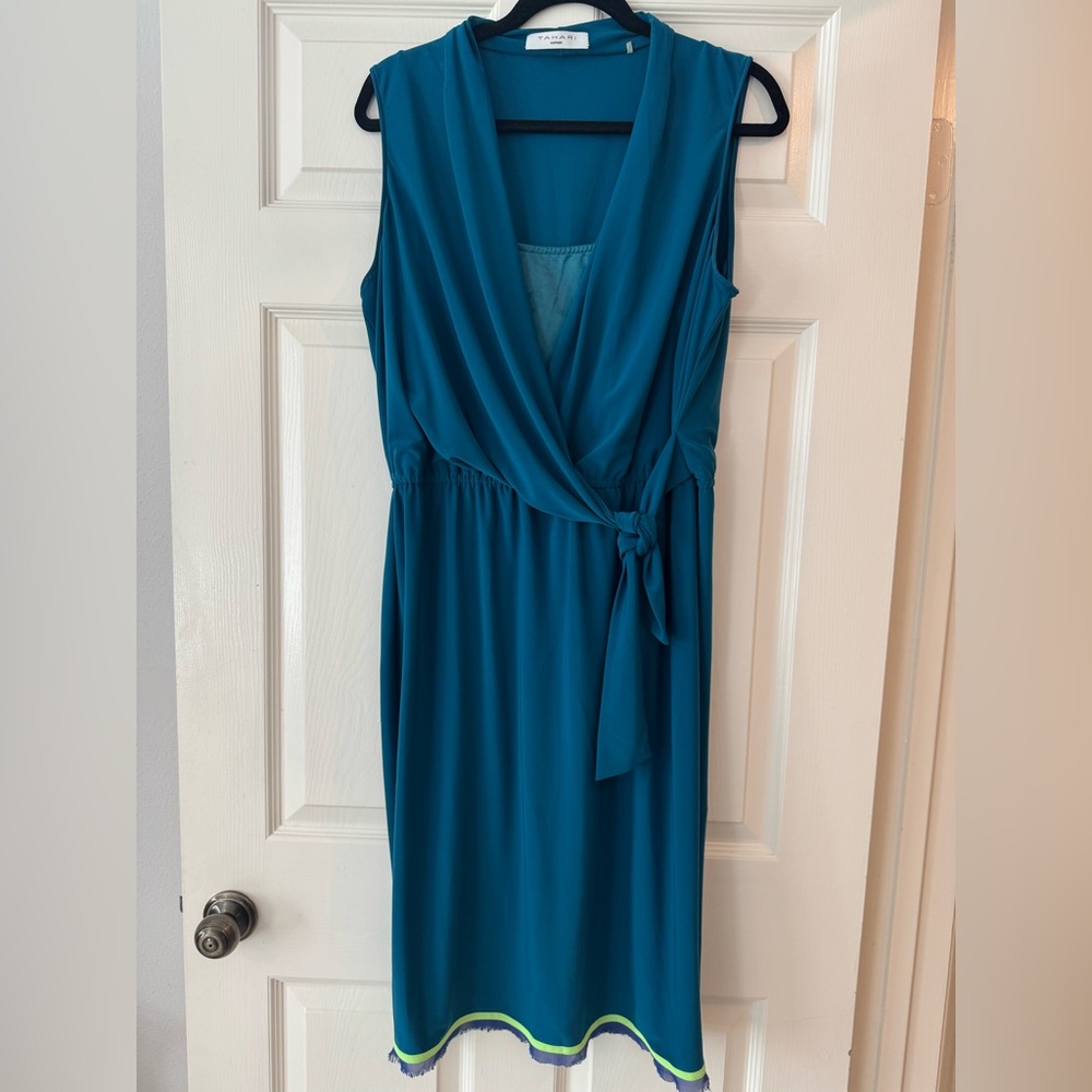 Tahari Teal Dress with Unique Hem Detail and Satin Underlay Top